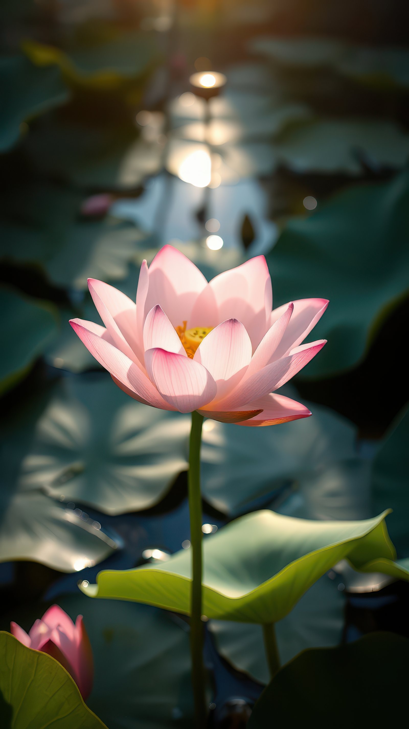 A pink lotus flower blooms in the sunlight above a pond with green lily pads